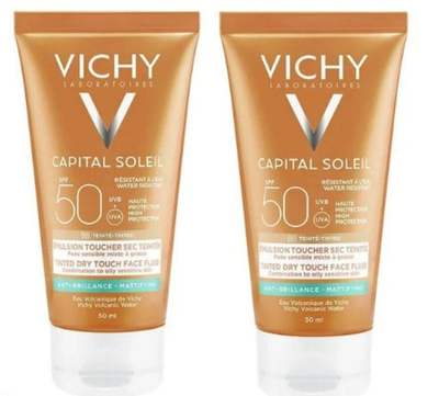 2 x vichy capital soleil bb tinted SPF50 λεπτόρευστη αντηλιακή κρέμα προσώπου με χρώμα για ματ αποτέλεσμα, 2x50ml