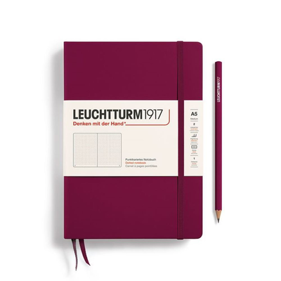 Notebook medium (a5), hardcover, 251 numbered pages, port red, dotted