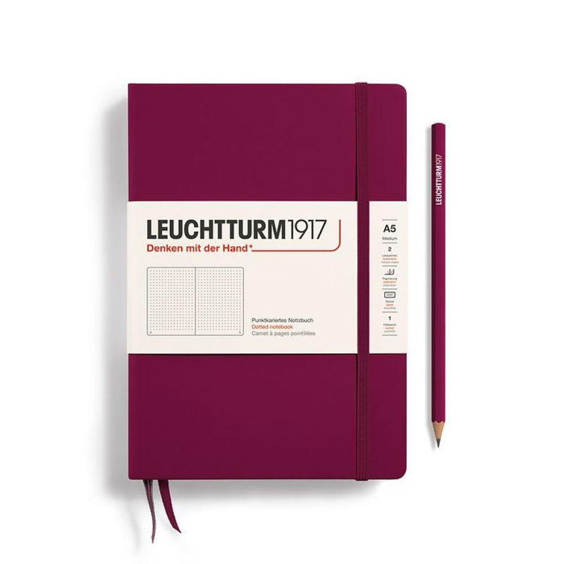 Notebook medium (a5), hardcover, 251 numbered pages, port red, dotted, , medium image number null