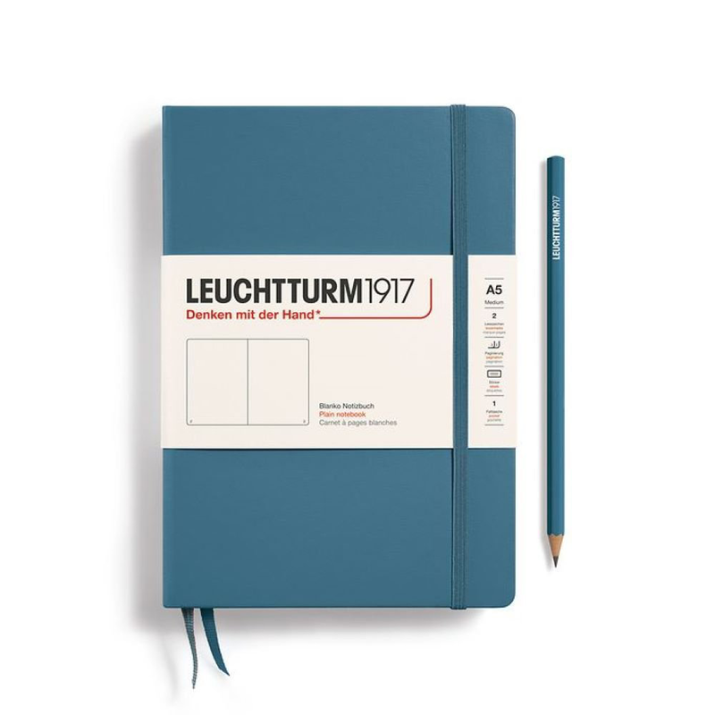 Notebook medium (a5), hardcover, 251 numbered pages, stone blue,, ruled, , medium image number null