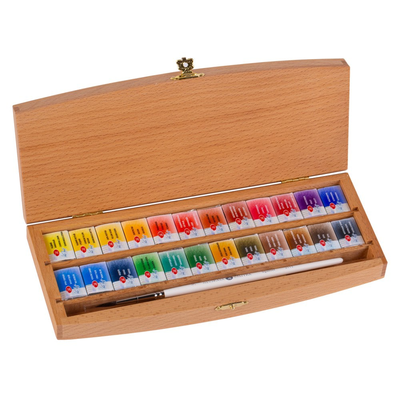 Set of watercolor “white nights” 24 cuvettes in a beech wooden box