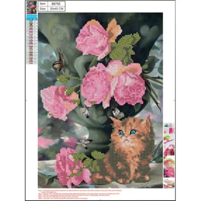 Diamond painting kit ,flowers with a cat, 5d centrum