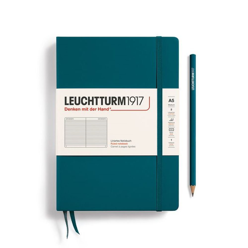 Notebook medium (a5), hardcover, 251 numbered pages, pacific green ,ruled, , medium image number null