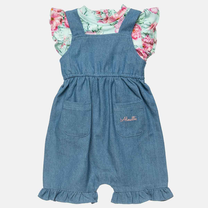 Denim dungaree with floral top image number null