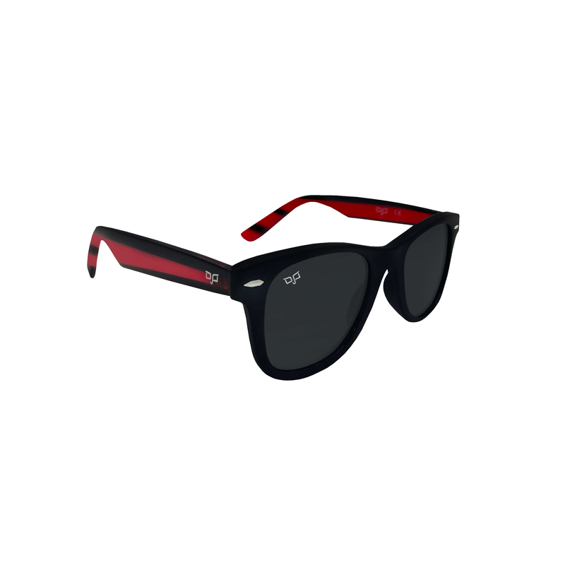 OJO junior sunglasses wayfarers  black frame and red with black stripe temples with grey lenses rx image number null