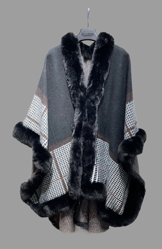 Soft knit cape with fur trim image number null