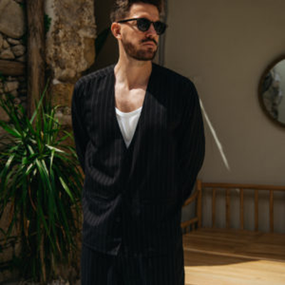 Striped relaxed fit suit in black