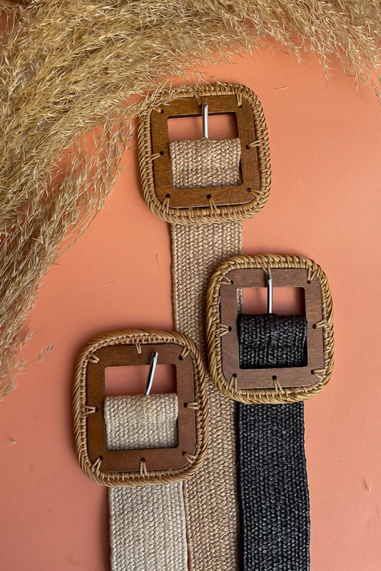 Wooden square  buckle straw belt natural image number null