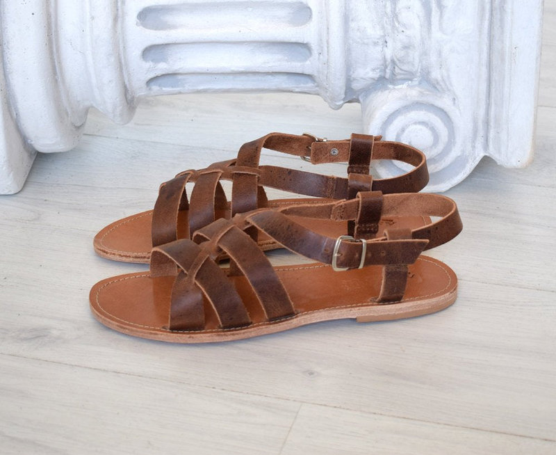 Ancient greek leather sandals in natural tan color, elegant gladiator sandals image number null