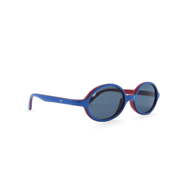 Ojo junior round shinny blue red frame and temples with grey lenses rx