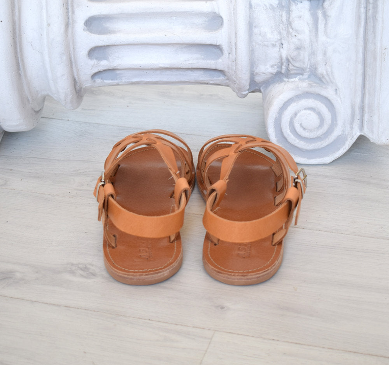 Ancient greek leather sandals in natural tan color, elegant gladiator sandals image number null