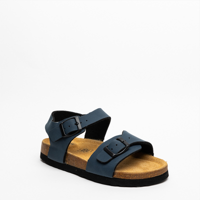 Reverse two-strap navy sandal with regular buckles and ankle strap