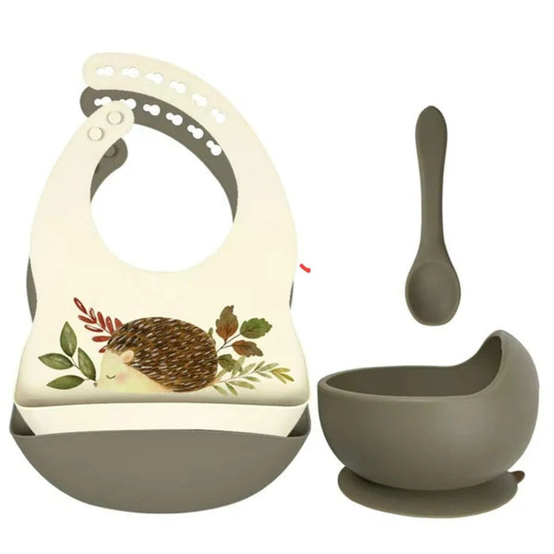 Set of silicone bibs + bowl with suction cup and spoon - hedgehog sage, , medium image number null