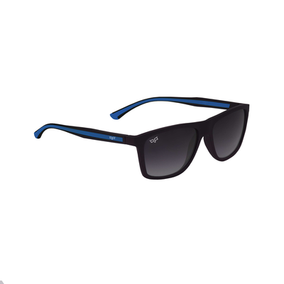 Ojo sunglasses man square matte black frame and black blue temples with grey gradient lenses rx