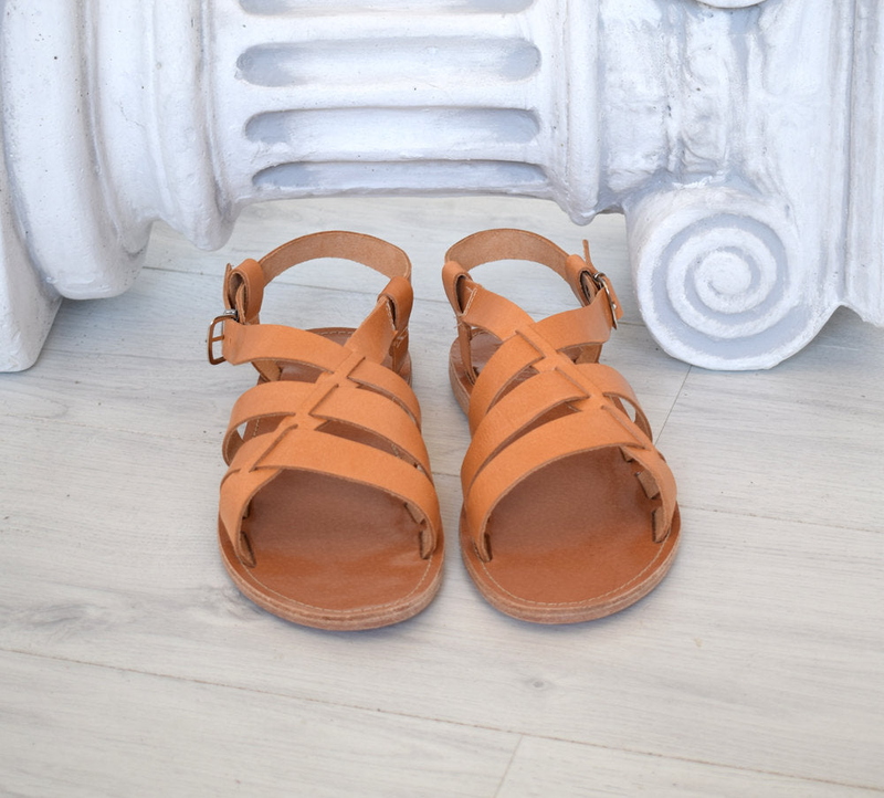 Ancient greek leather sandals in natural tan color, elegant gladiator sandals image number null