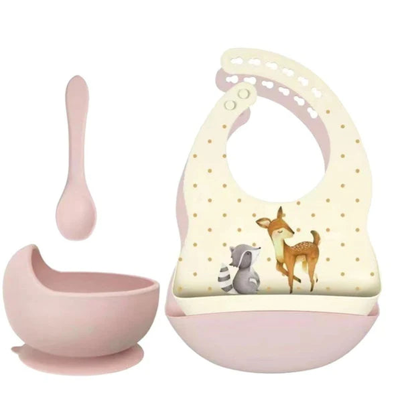 Set of silicone bibs + bowl with suction cup and spoon - deer & raccoon soft pink, , medium image number null