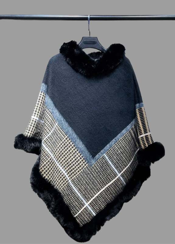 Soft knit poncho with fur trim image number null