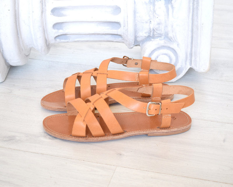 Ancient greek leather sandals in natural tan color, elegant gladiator sandals image number null