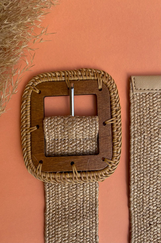 Wooden square  buckle straw belt natural image number null