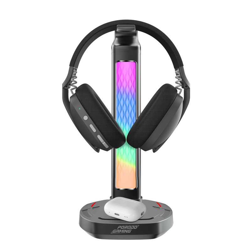 Porodo gaming rgb headphone stand, wireless charging & USB-c hub with screen lamp 5w, , medium image number null