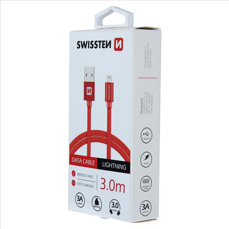 Swissten braided USB lightning 3m 3a red, , medium image number null