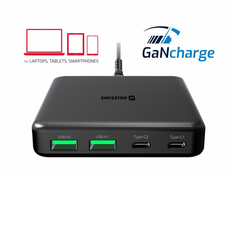 Swissten desktop gan travel charger 2x USB-c + 2xUSB 65w power delivery black, , medium image number null