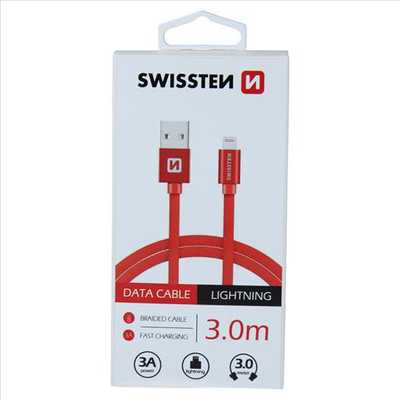 Swissten braided USB lightning 3m 3a red