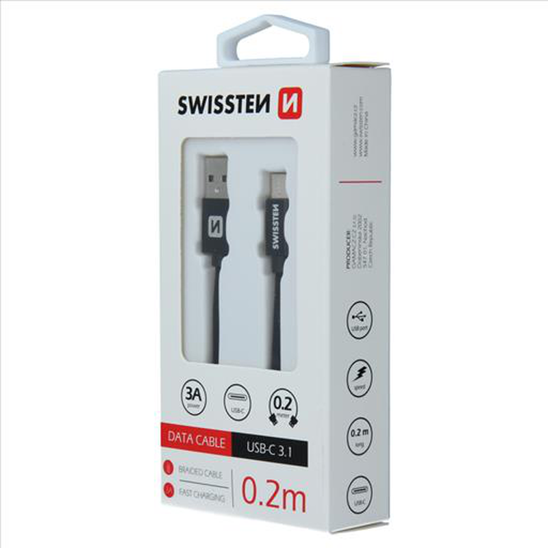 Swissten braided USB Type-C 0.2m 3a blk, , medium image number null