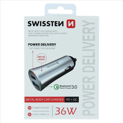 Swissten car charger USB-c 3a 36w metal silver