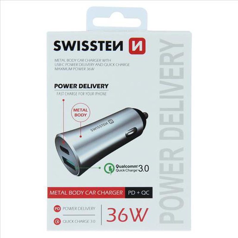 Swissten car charger USB-c 3a 36w metal silver, , medium image number null