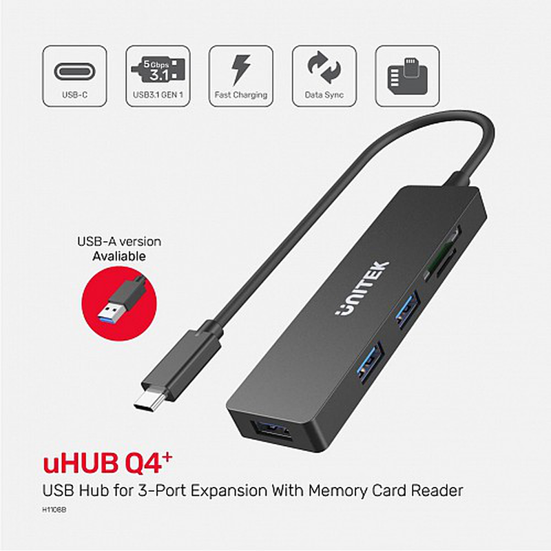 Unitek USB-c hub 3 port and card reader, , medium image number null