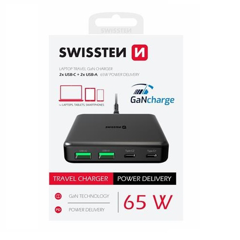 Swissten desktop gan travel charger 2x USB-c + 2xUSB 65w power delivery black, , medium image number null