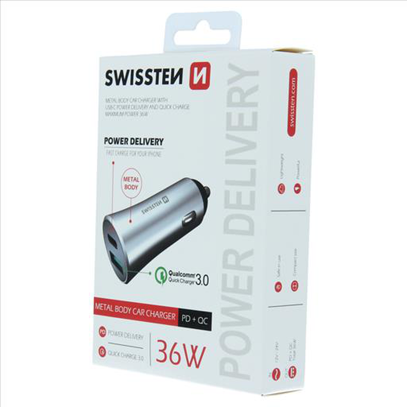 Swissten car charger USB-c 3a 36w metal silver, , medium image number null