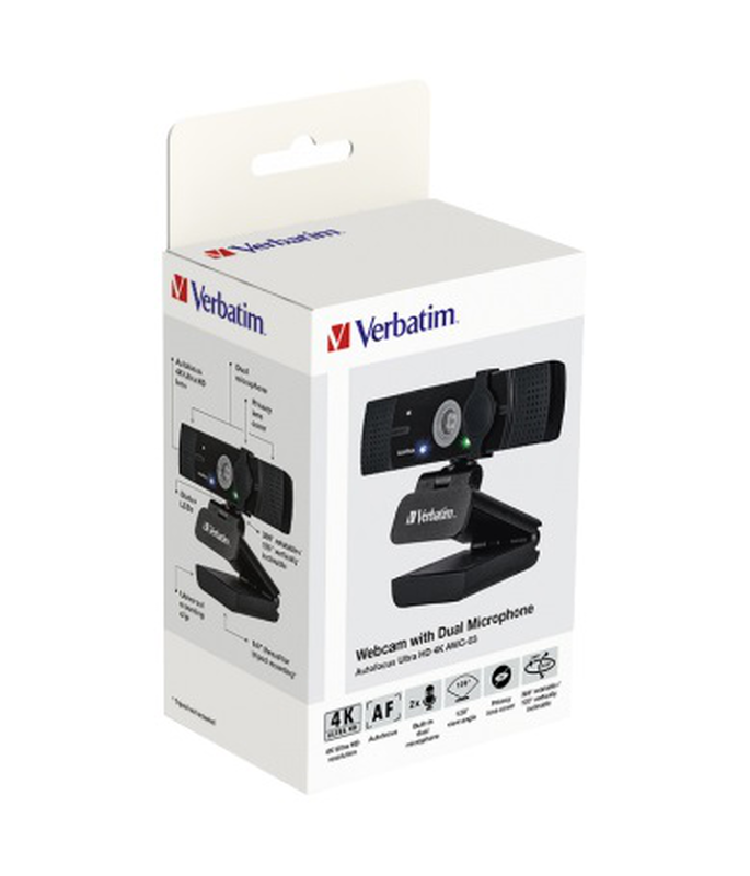 Verbatim webcam 4k autofocus wide angle with dual microphone awc-03, , medium image number null